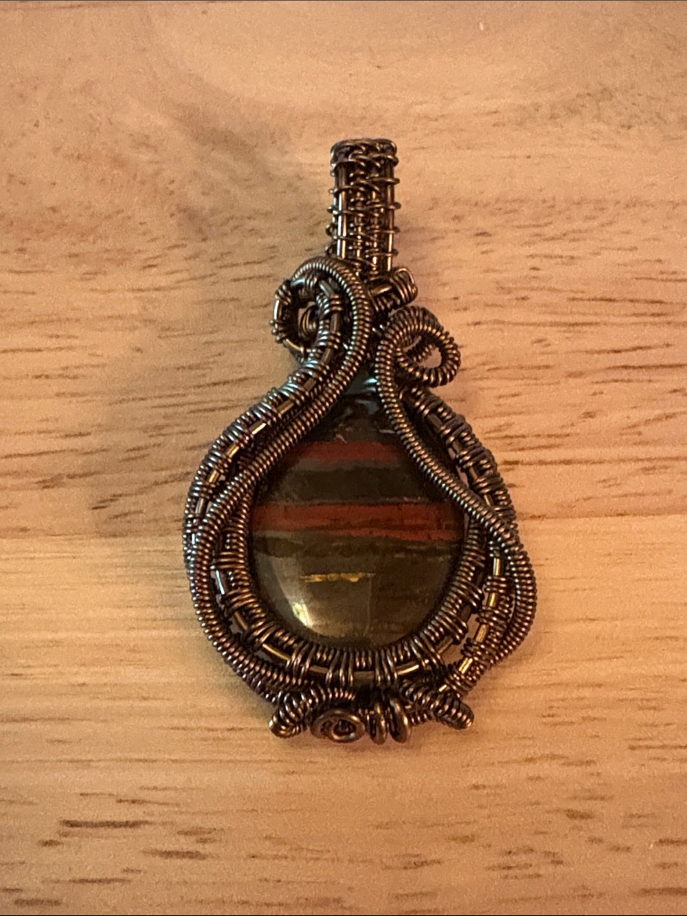 Handcrafted Tiger Iron Oxidized Copper Wire-Wrapped Pendant for Necklace